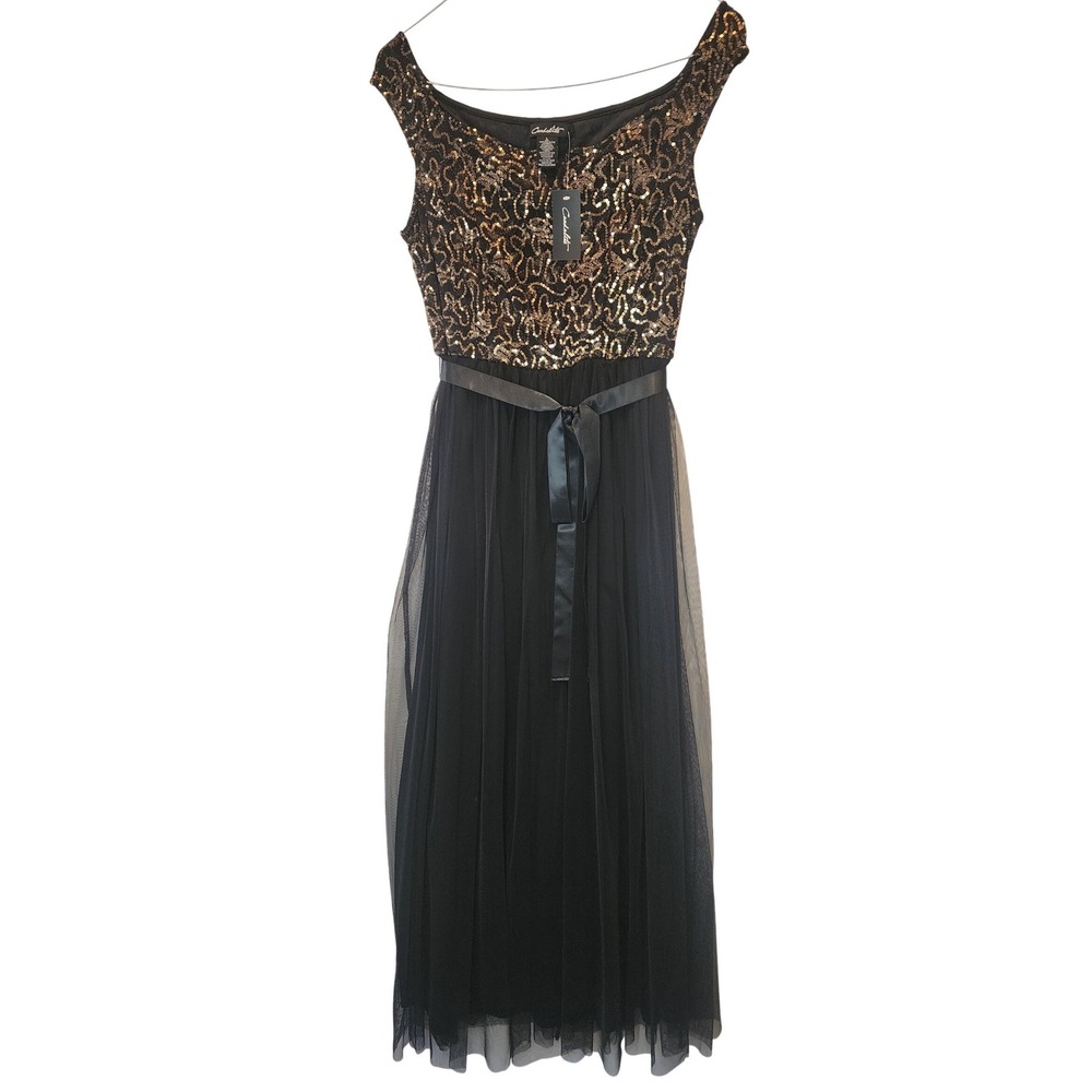 Candalite Womens Gold Sequin Black Tulle Formal‎ Gown Maxi Dress Size L NWT